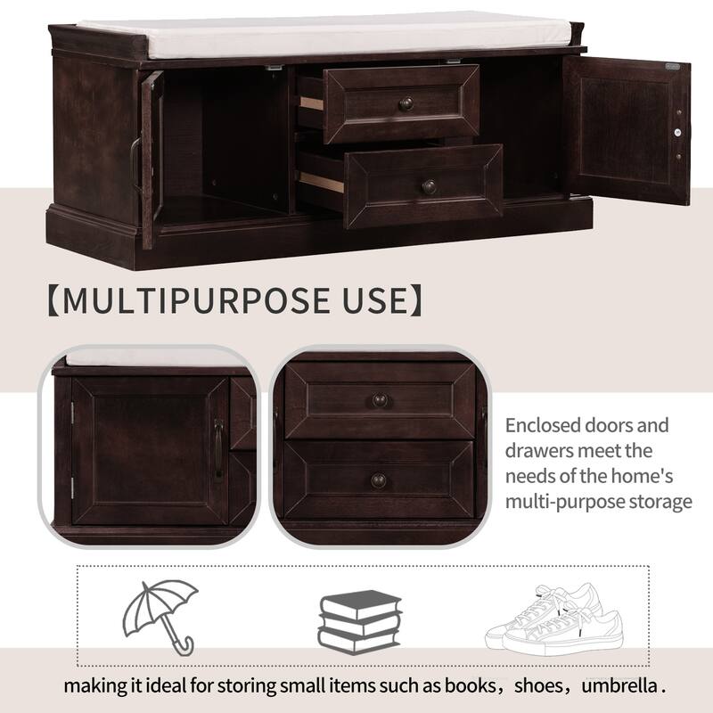 Storage Shoes Bench with 2 Drawers, 2 Cabinets and Removable Cushion
