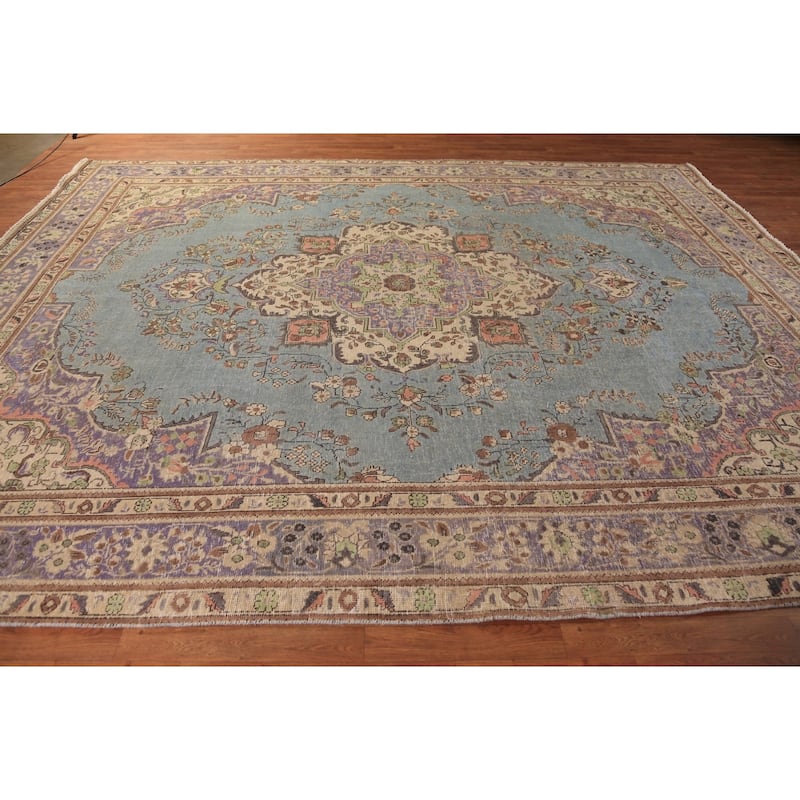 Light Blue Medallion Tabriz Persian Rug Floral Handmade Wool Carpet - 9'10"x 12'4"