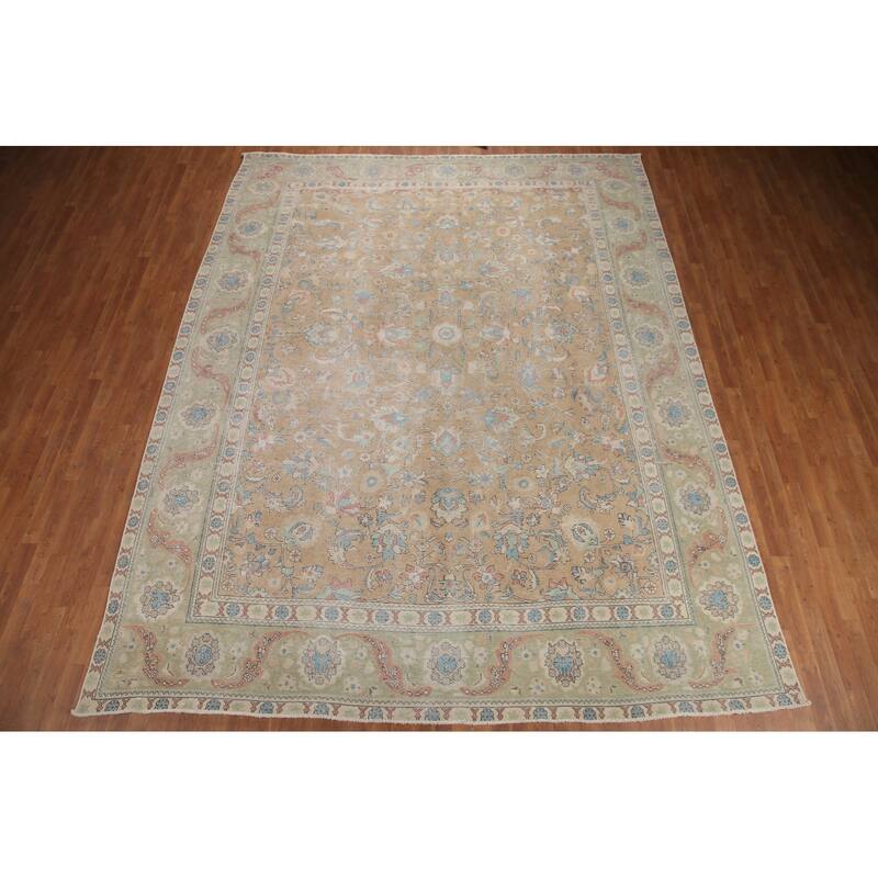 Hand Knotted Oriental 100% Wool Carpet Traditional All-Over Peach Tabriz Area Rug - 12' 8'' X 10' 0''
