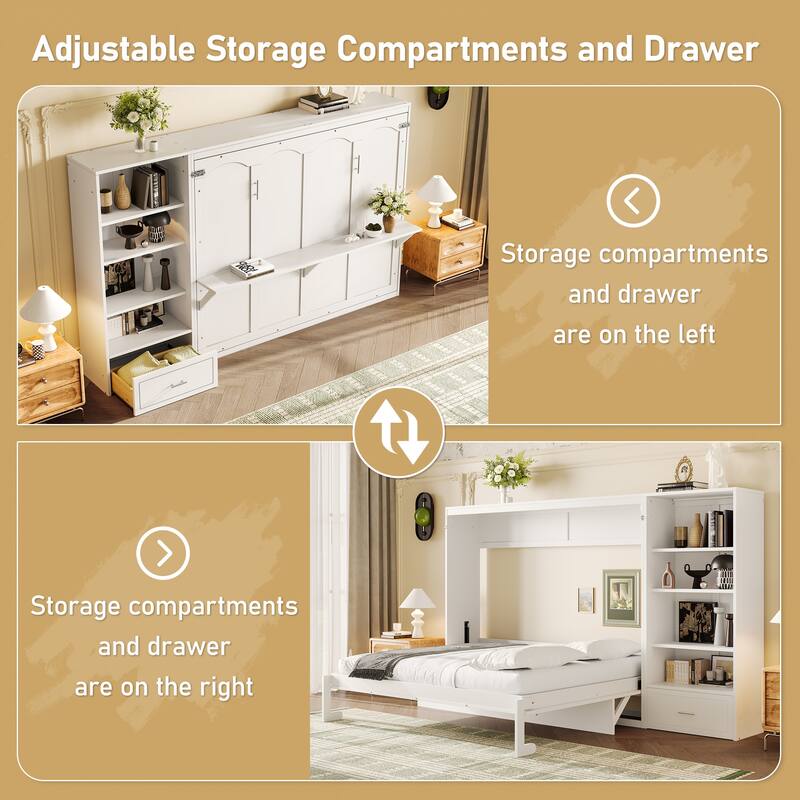 Murphy Bed Foldable Platform Bed Frame Queen Size Wall Bed with Drawer and Storage Cabinet Adjustable Height Compartments Shelf