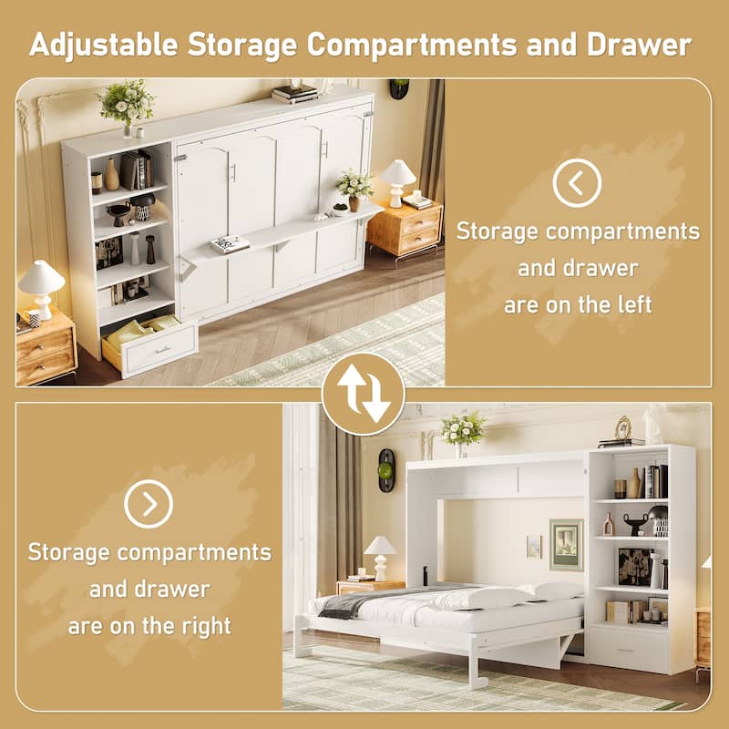 Roomfitters Queen Size Murphy Bed with Adjustable Storage Compartments and Shelf, Foldable Wall Bed with Drawer