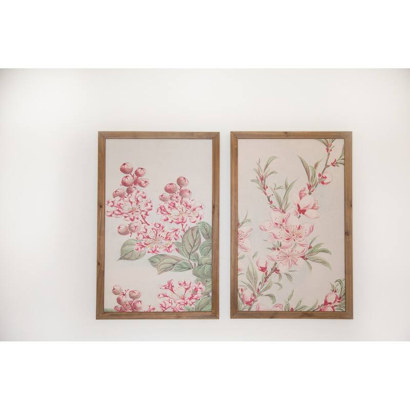 HomeRoots Set of Two Pink And Green Flower Floral Wood Framed Art