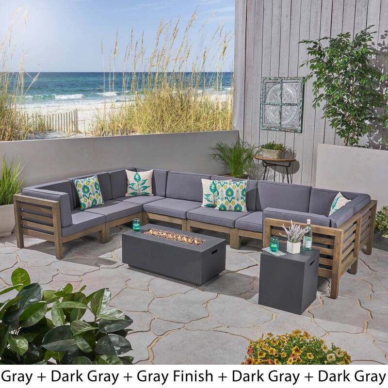 Oana Outdoor U-shaped 8-seat Acacia Sectional Sofa Set w/ Fire Pit by Christopher Knight Home