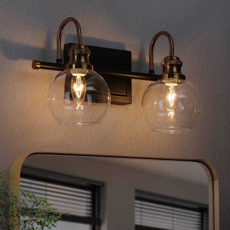 Modern Black Gold Bathroom Vanity Lights Globe Glass Wall Sconce - 2-Light - Black and Gold