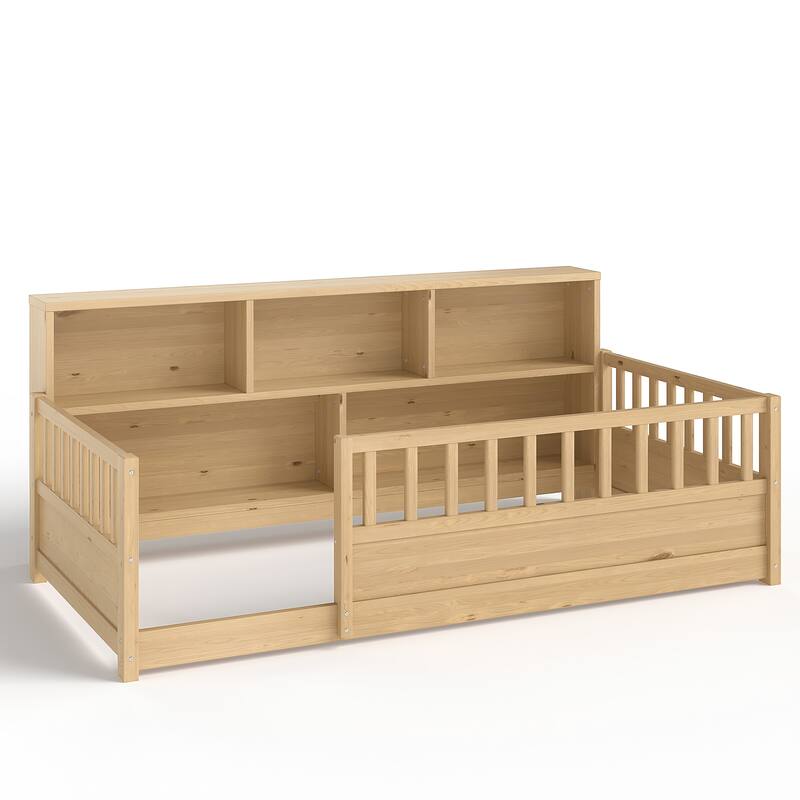 Wooden Floor Bed Frame with Fence Guardrail & Side Storage, Low Profile Kids Bed (Full/Twin)