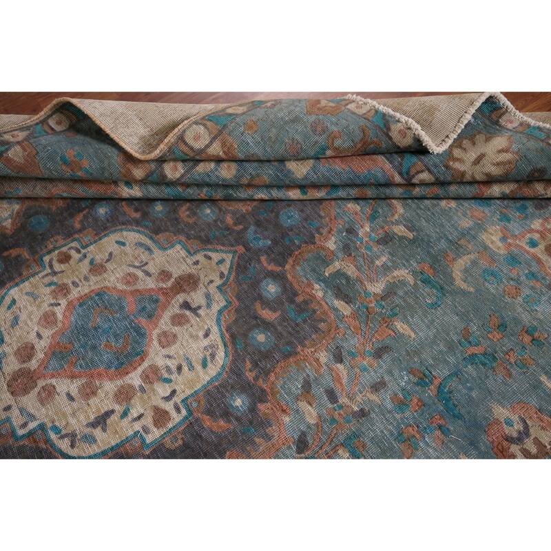 Distressed Blue Tabriz Persian Rug Handmade Wool Carpet - 8'1" x 10'11"