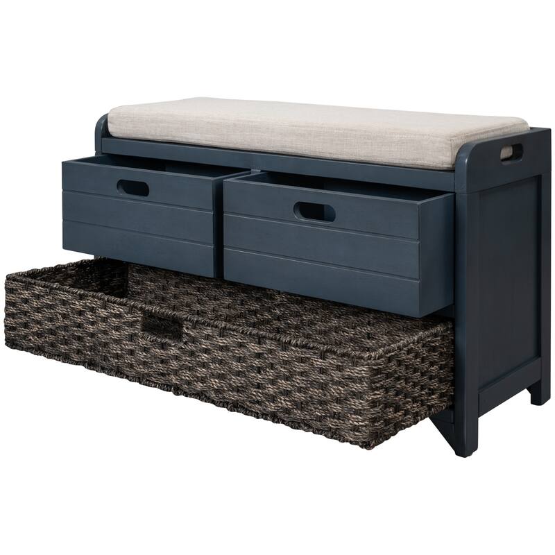 Rustic Storage Bench with Removable Cushion, Basket & Drawers - Ideal for Farmhouse Decor