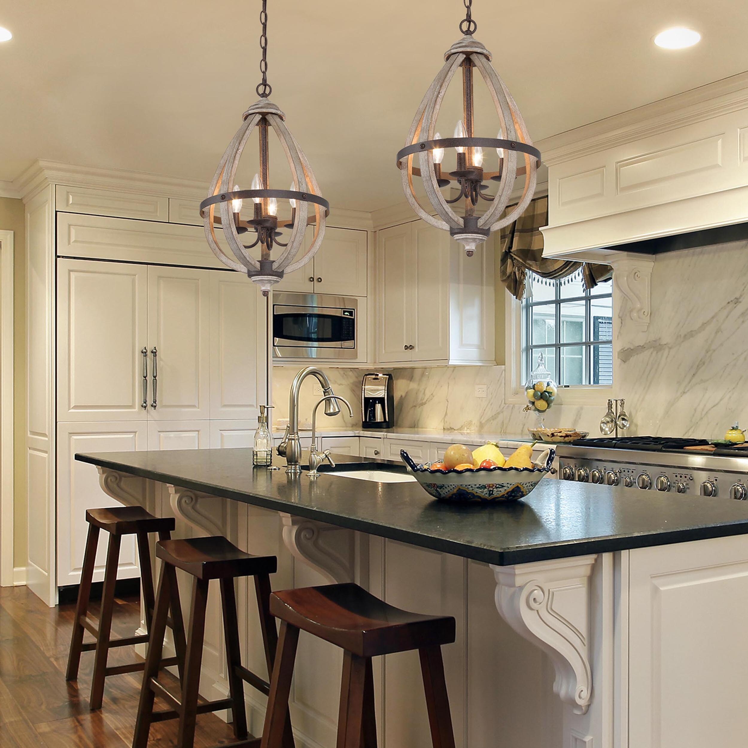 Clovy Farmhouse 4-Light Wood Lantern Pendant Light Handcrafted for Kitchen  Island