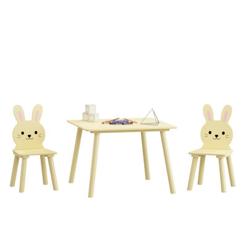 Kids Table and Chair Set with 2 Bunny Chairs, Children's Wooden Activity Table for Toddlers, Cute Animal Design Set