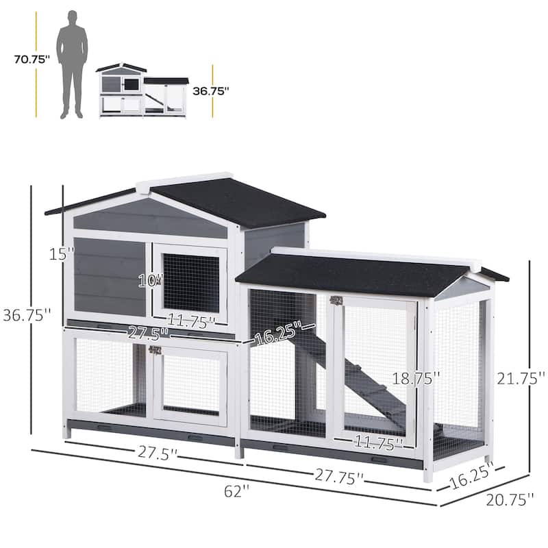 Grey-White Large Wooden Bunny Hutch with Ramp Run Box and Black Weather-Resistant Roof - 62" L x 20.75" W x 36.75" H