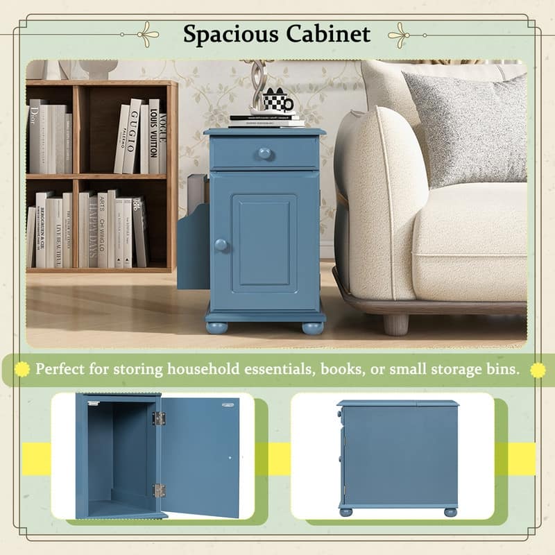 Retro Flip-Top End Table – USB Ports, Cup Holder Drawer & Bookshelf, Ideal for Small Spaces.