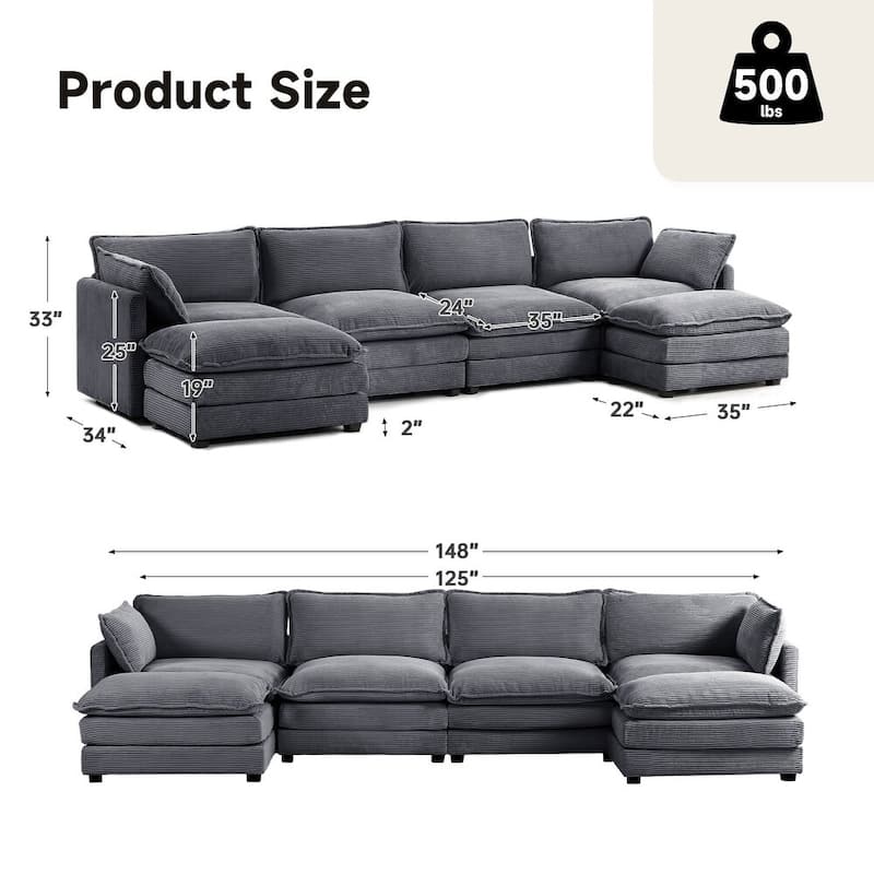 Oversized Modular Corduroy Sectional Sofa Set with Ottoman, 3-Seater / 4-Seater Deep Seat Lounge Couch for Living Room