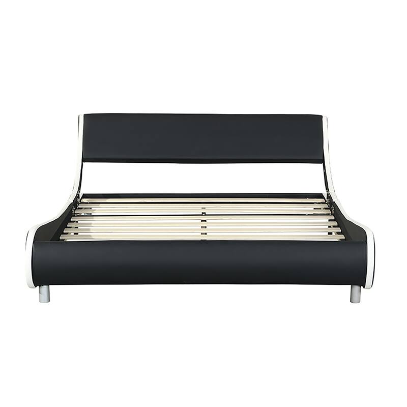 Queen Faux Leather Bed Frame with RGB LED Lighting, Remote/App Control, Wood Slat Support, Curved Design, No Box Spring Need