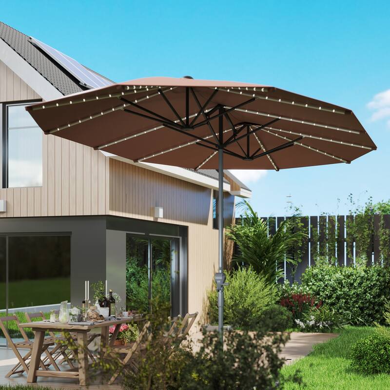 Solar Powered LED Patio Umbrella with UV Protection Outdoor Garden Patio Umbrella with LED Lights Crank Lift