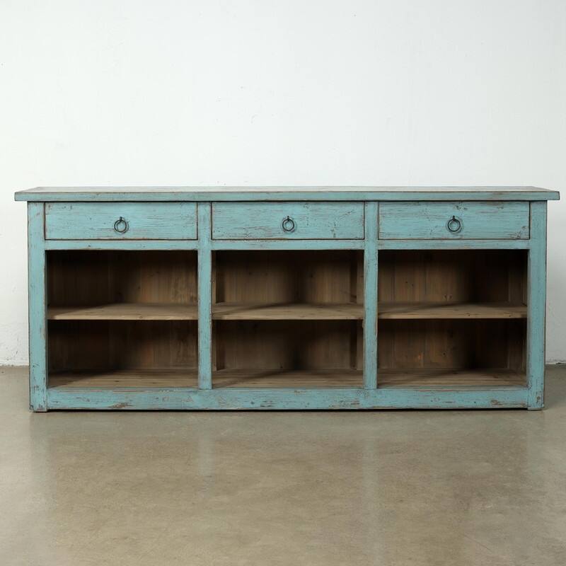 Approx. 91 Inches Wide Counter Table with Three Drawers Distressed Blue