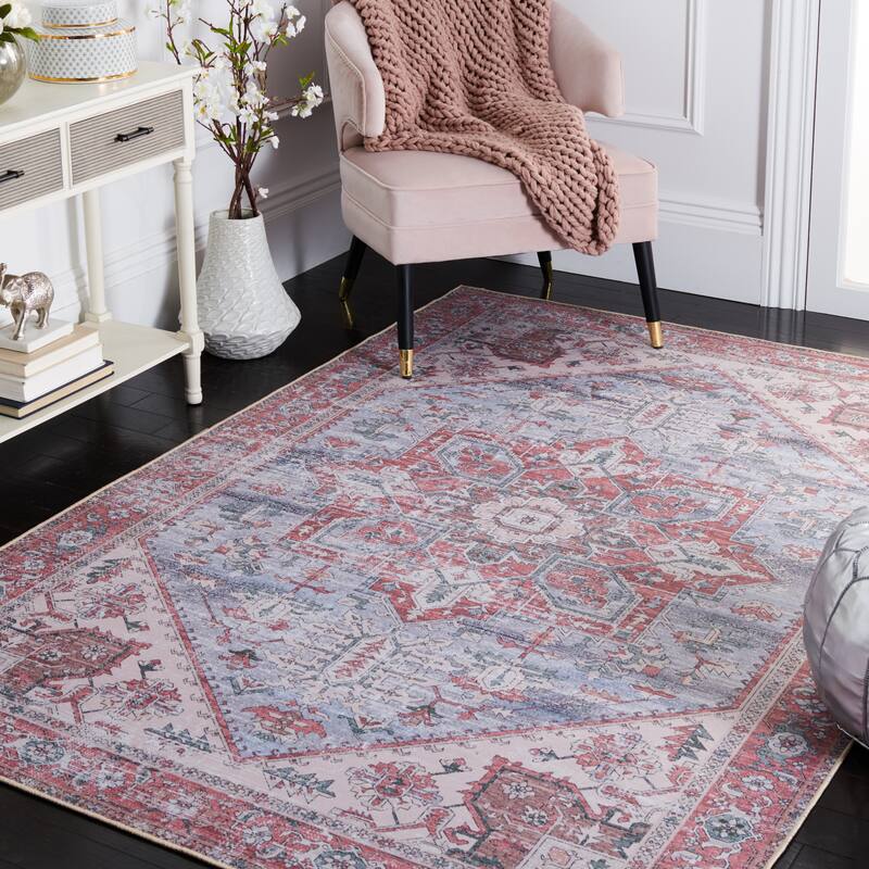 SAFAVIEH, Tucson Machine Washable Slip Resistant Therese Oriental Medallion - 5' Square - Grey Blue/Rust