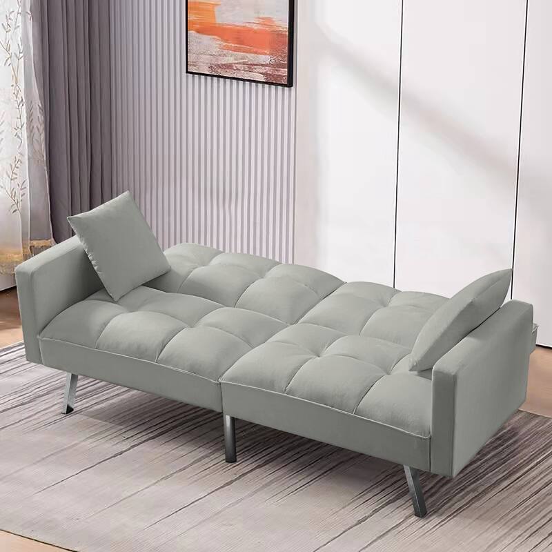 Velvet Futon Sofa Bed with Two Pillows, Convertible Sleeper Sofa Couch with 3 Angle Adjustable Backrest, Modern Loveseat
