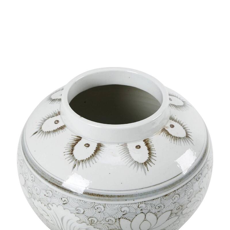13.7 in. Diameter Off White Porcelain Ming Ming Vase with Lotus Motif