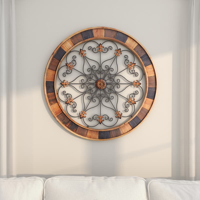 Wood Scroll Medallion Home Wall Decor with Metal Fleur-De-Lis Detail - Brown - Roche River Decor