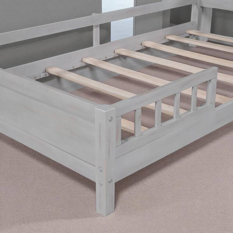 Twin/Full Size Wood Platform Bed with LED Light, Storage Headboard and Guardrail, No Box Spring Needed