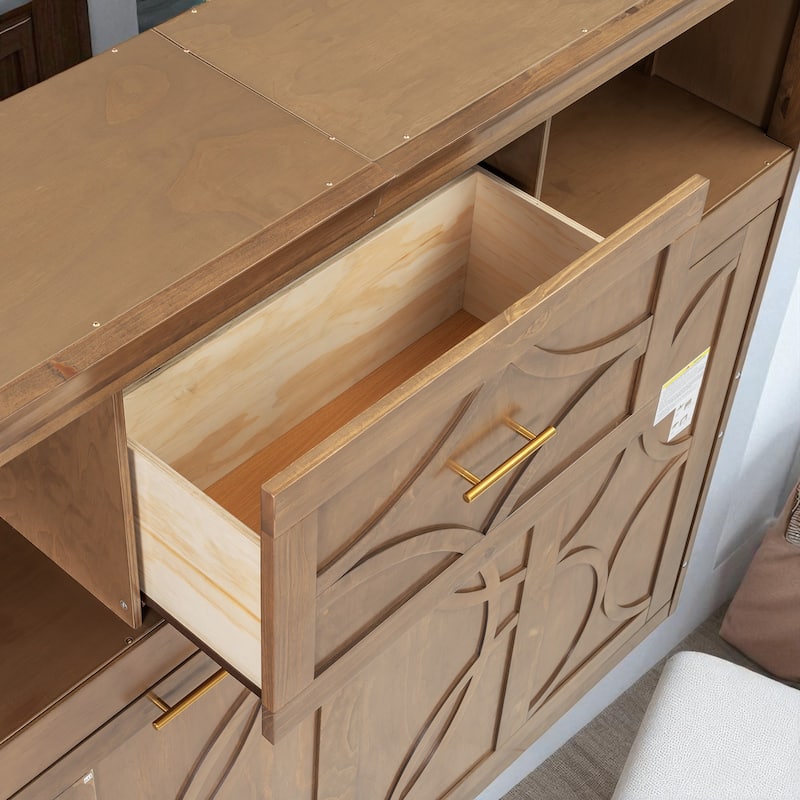 Twin Size Murphy Bed with Storage Cabinets, Charging Station, USB Ports, Solid Wood Foldable Wall Bed Frame