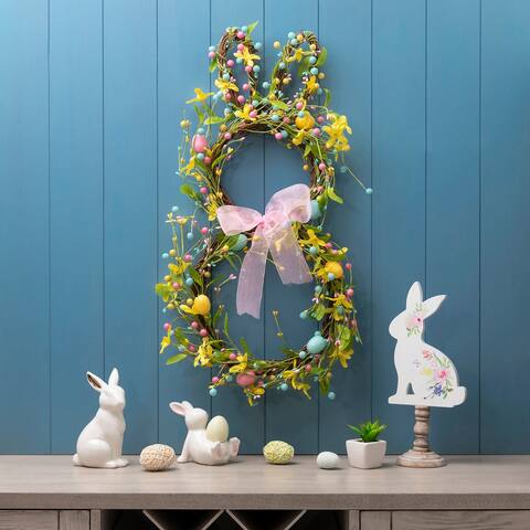 Glitzhome 24.5"H Easter Eggs Bunny Shaped Wreath with Satin Ribbon Bow