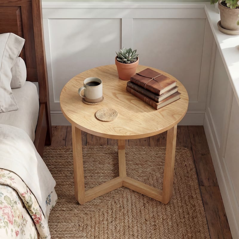 Gymax Round Side Table w/Sturdy Rubber Wood Legs & Triangular