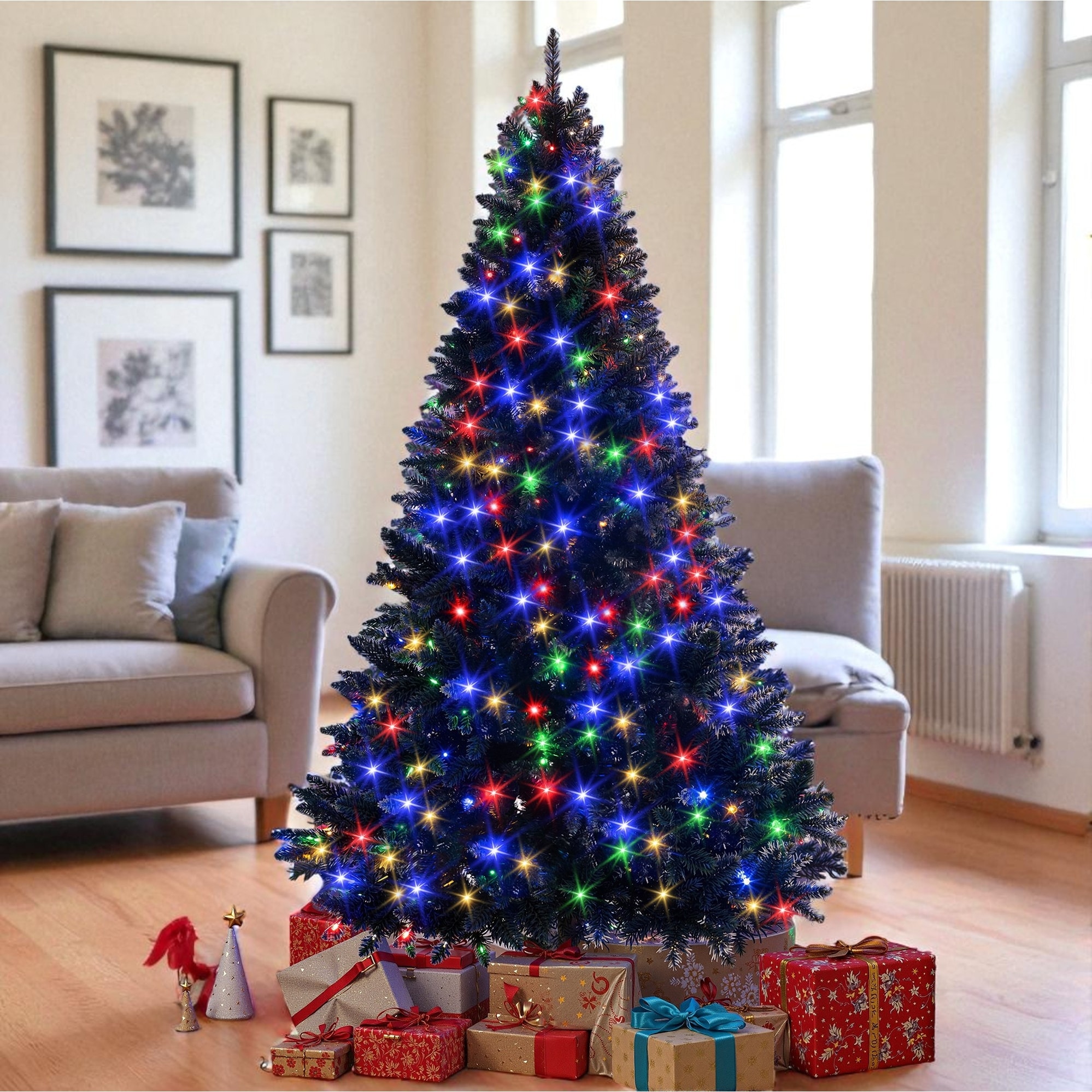 6FT Black Pre-Lit Artificial Christmas Tree with 280 LED Lights, 920 Tips, Hinged Full PVC Tree for Holiday Decoration