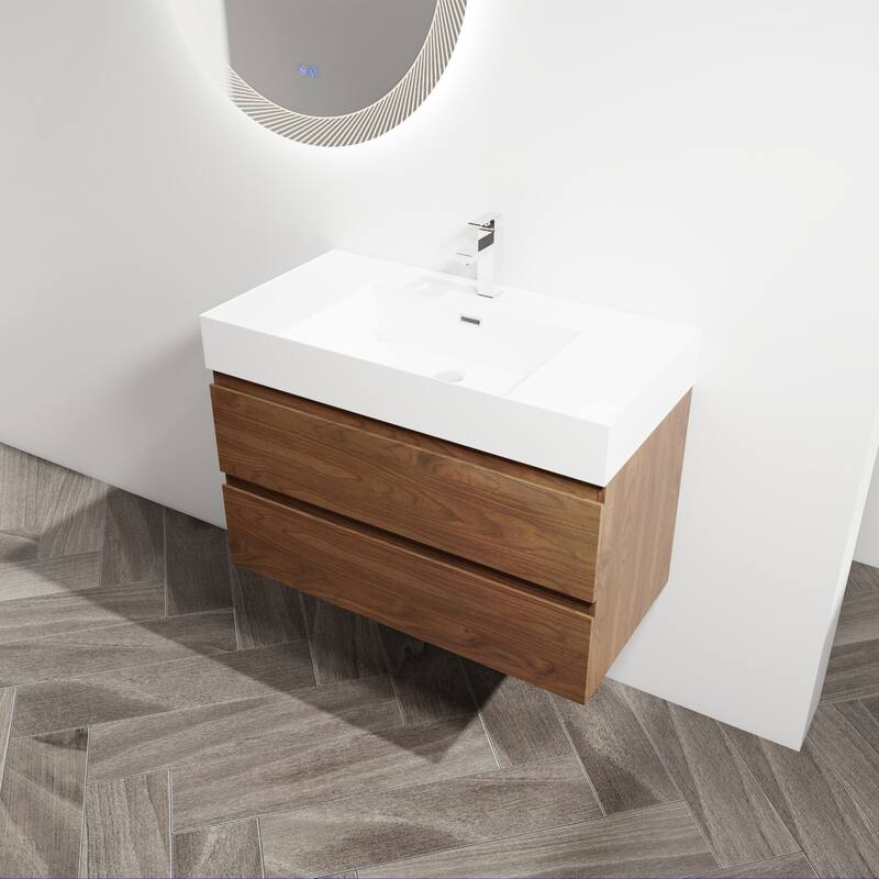 Vanity with Thick Edge Resin Sink, Soft-Close Drawers, Water-Resistant Melamine Surface (Sink and Cabinet Only)