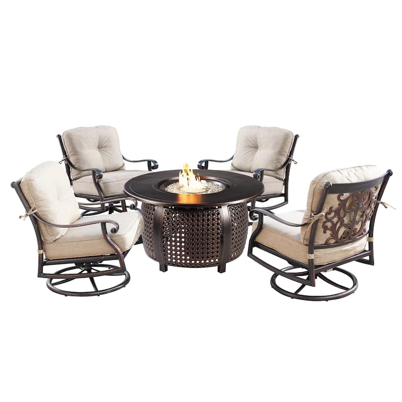 Outdoor Aluminum 44 in. Round Fire Table Set with Four Deep Seating Swivel Rocking Chairs & Accessories - Antique Bronze