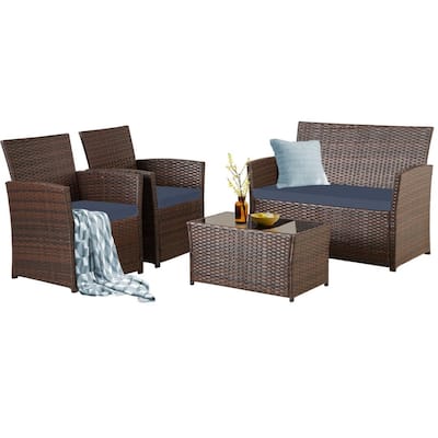4 PCS Wicker Patio Conversation Set Rattan Seating Sofa Chair