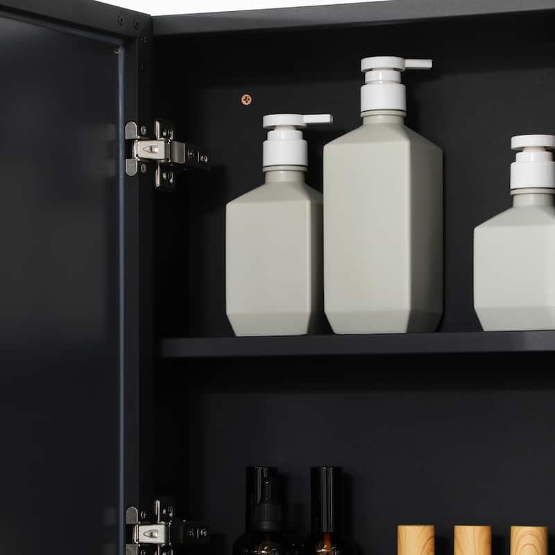 Jet Black Wall-Mount Bathroom Storage Mirror Cabinet with Double Doors and Multi-Tier Shelves - 23.5" W x 5.25" D x 27.5" H
