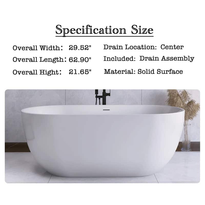 63 in. Solid Surface Freestanding Flatbottom Soaking Bathtub