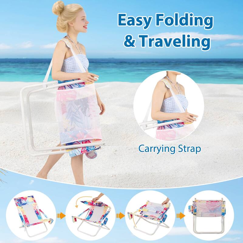 Costway Folding Low Beach Chair, Set of 2 with Padded Head Pillow,