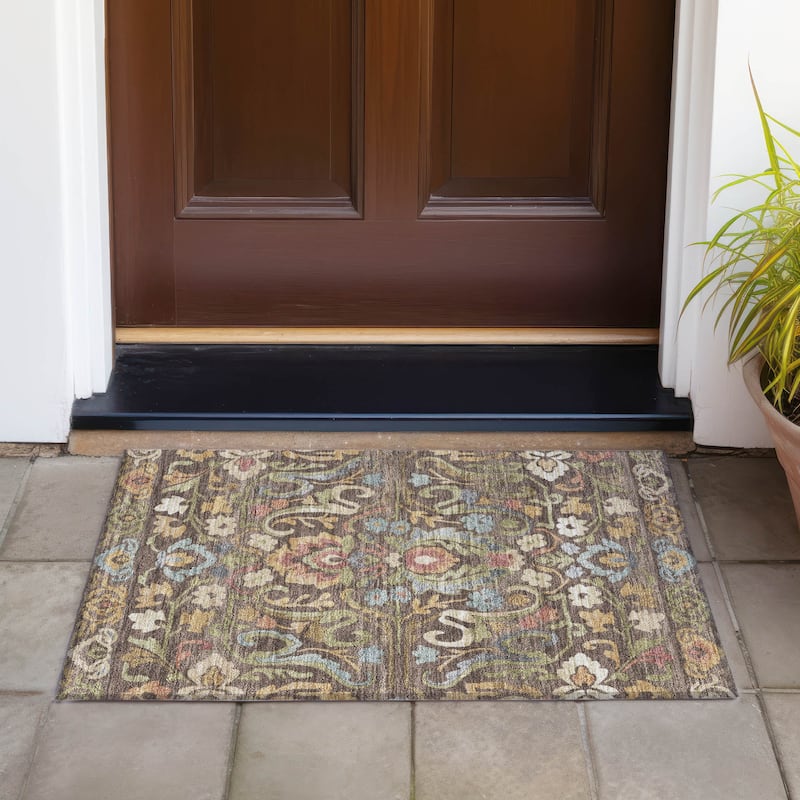 Machine Washable Indoor/Outdoor Floral Watercolor Chantille Rug - Chocolate - 1'8" x 2'6"