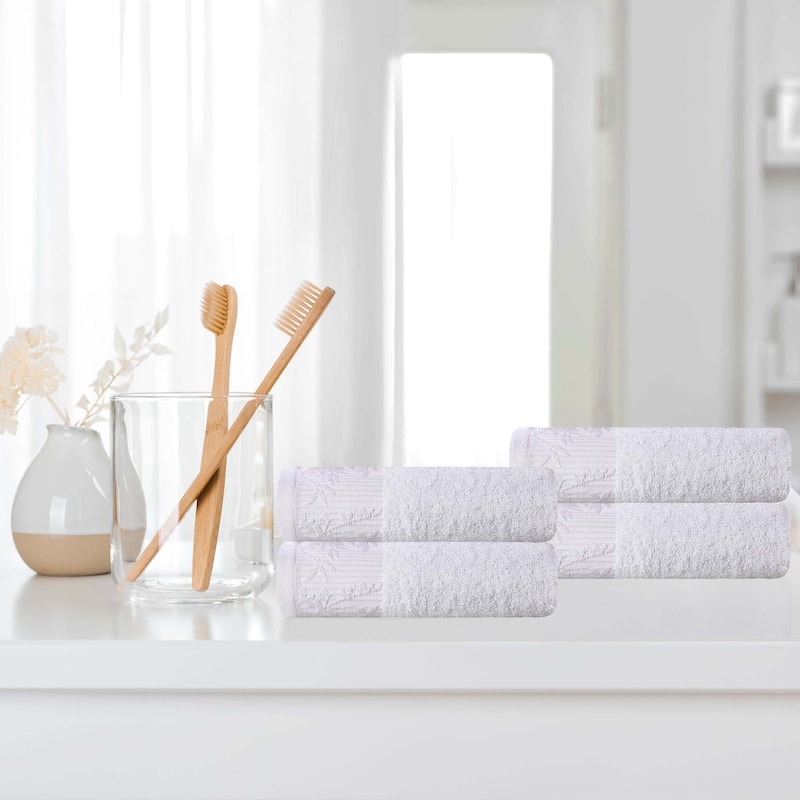 Superior Wisteria Cotton Floral Jacquard Border Hand Towels, Set of 4