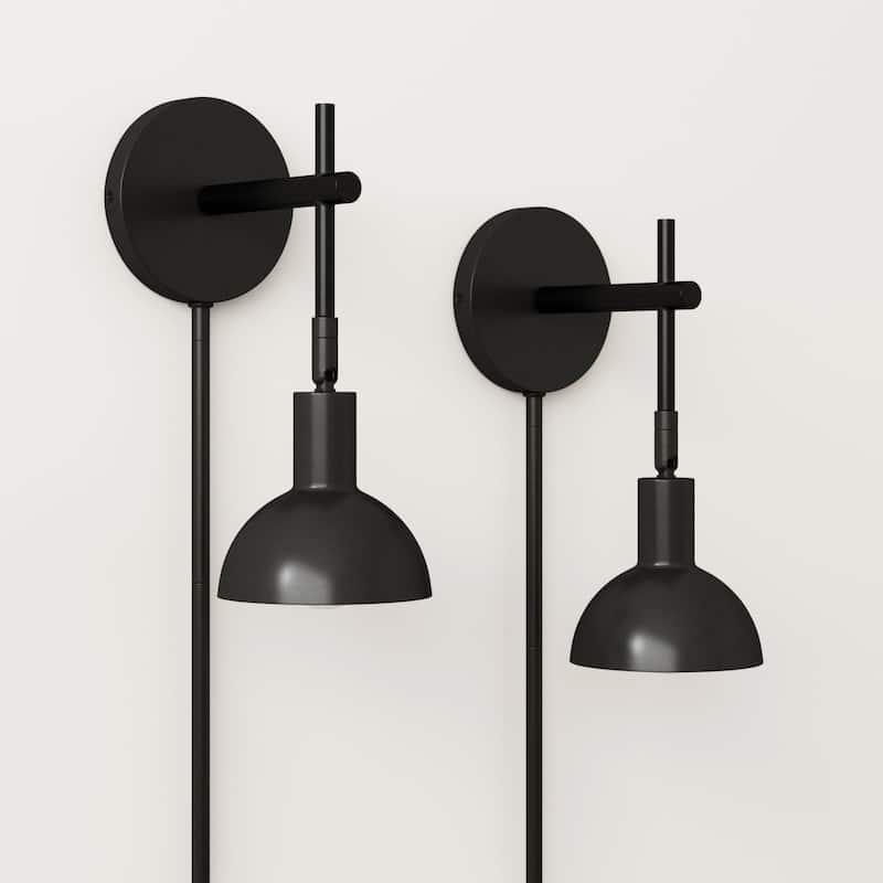 Nathan James Tamlin Wall Mounted Armed Sconce 1-Light Fixture with Plugin and On/Off Switch - Black Set of 2