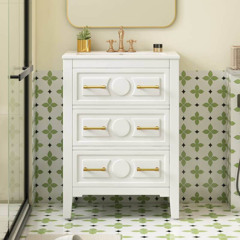 24'' Bathroom Vanity with Ceramic Sink Combo, Freestanding Single Vanity Set with 3 Drawers, Solid Wood Frame
