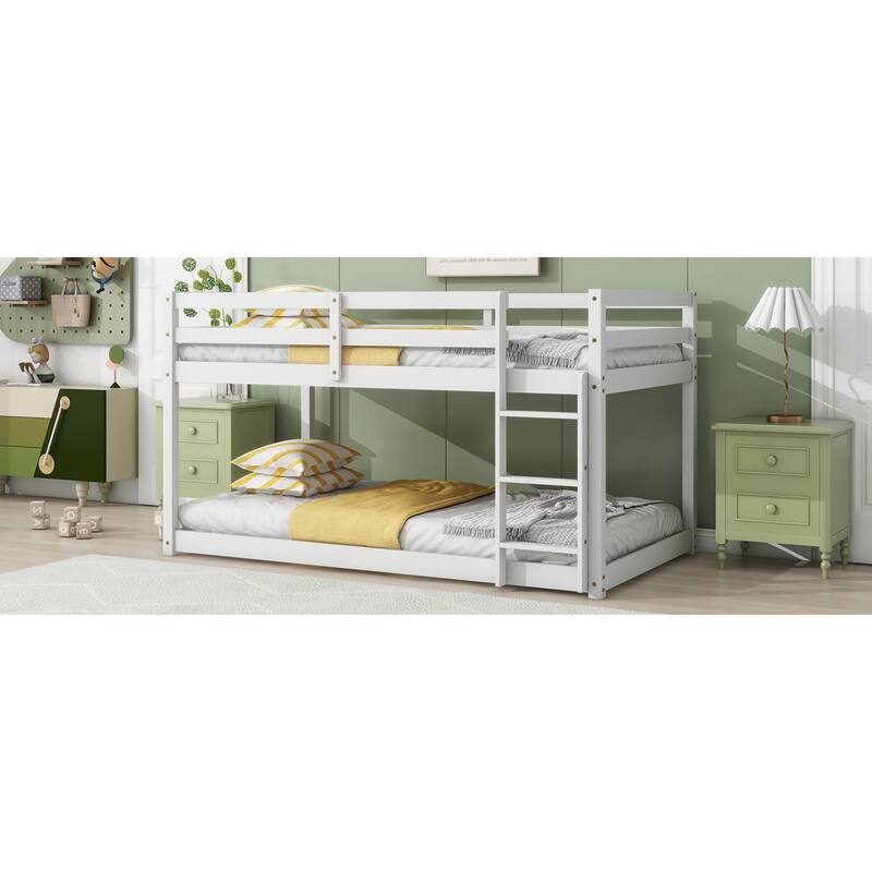 Roomfitters Solid Rubber Wood Twin over Twin Floor Bunk Bed with Ladder, Reinforced Slat Platforms, Low Height Design