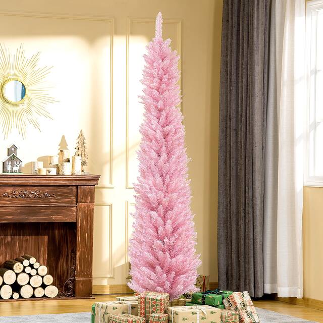 HOMCOM 7' Hinged Noble Fir Unlit Slim Christmas Tree with Stand - N/A - Pink