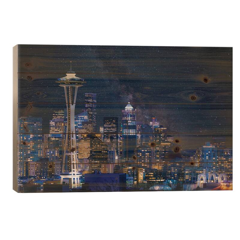 Night At Seattle Print On Wood by Danny Gao - Multi-Color - 26x40x1.5