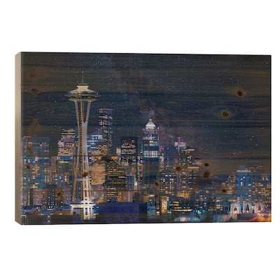 Night At Seattle Print On Wood by Danny Gao - Multi-Color