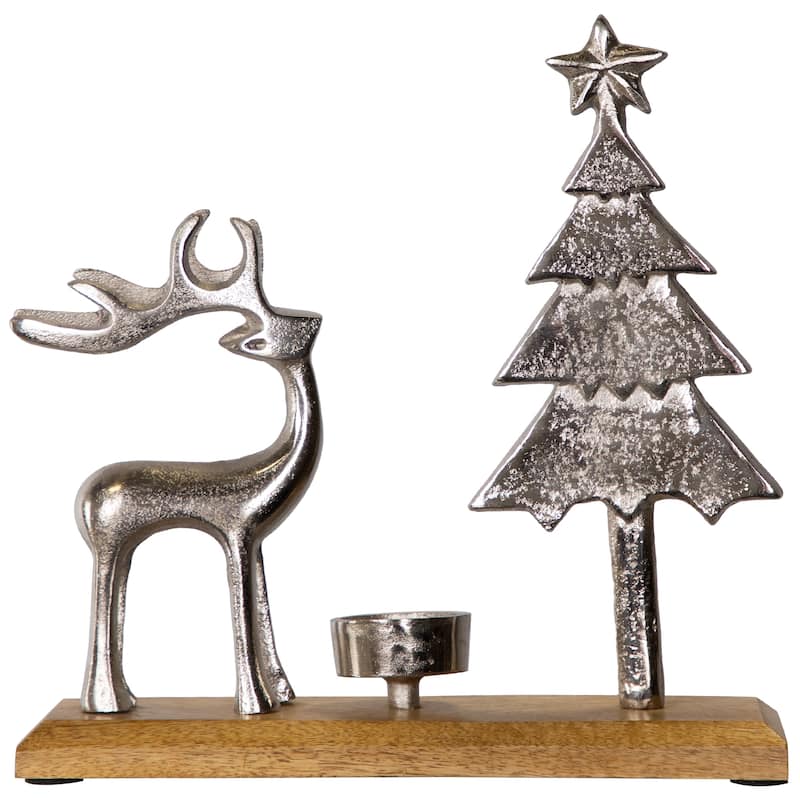 Reindeer and Tree Metal Christmas Tealight Holder - 10.5"