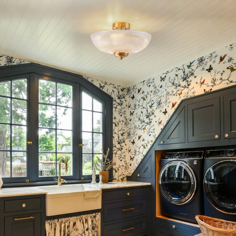 Industrial 3-Light Gold Semi Flush Mount Lights with Grid Textured Glass - Brass