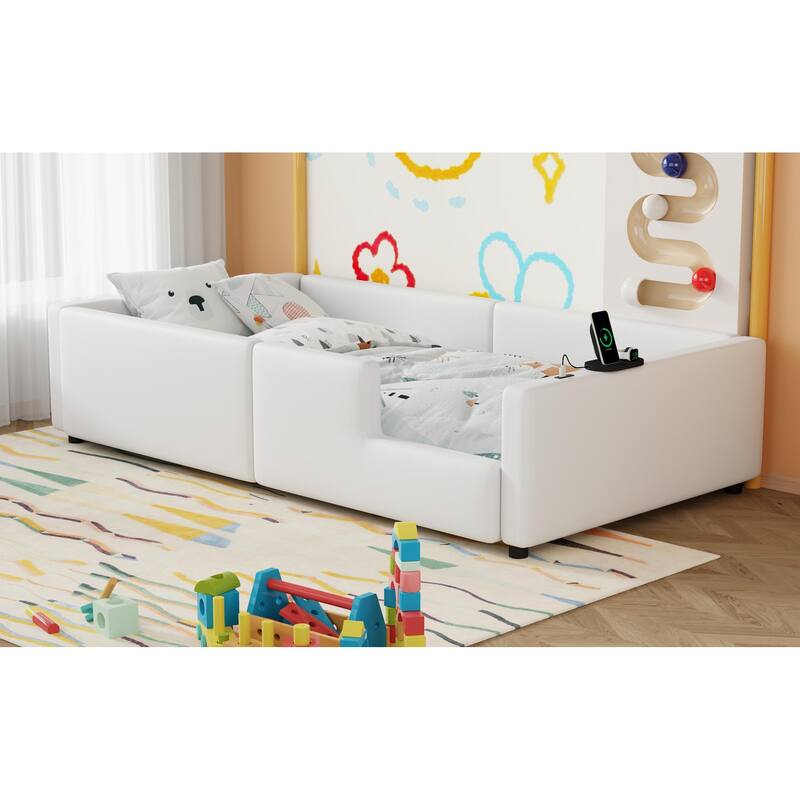 White Floor Bed Frame, Twin Size Upholstered Platform Bed with Slats, Guardrail and Charging Station for Children, Boys & Girls