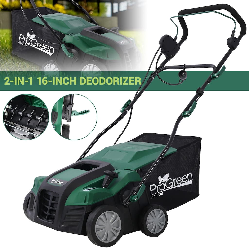 2-in-1 16" Electric Dethatcher, 15Amp Garden Scarifier Lawn Dethatcher - 44.5"Lx23.6"Wx40.9"H