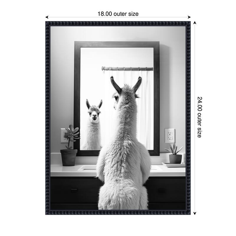 Kate and Laurel Sylvie Llama Bathroom Art Mirror Black and White Framed Canvas by The Creative Bunch Studio