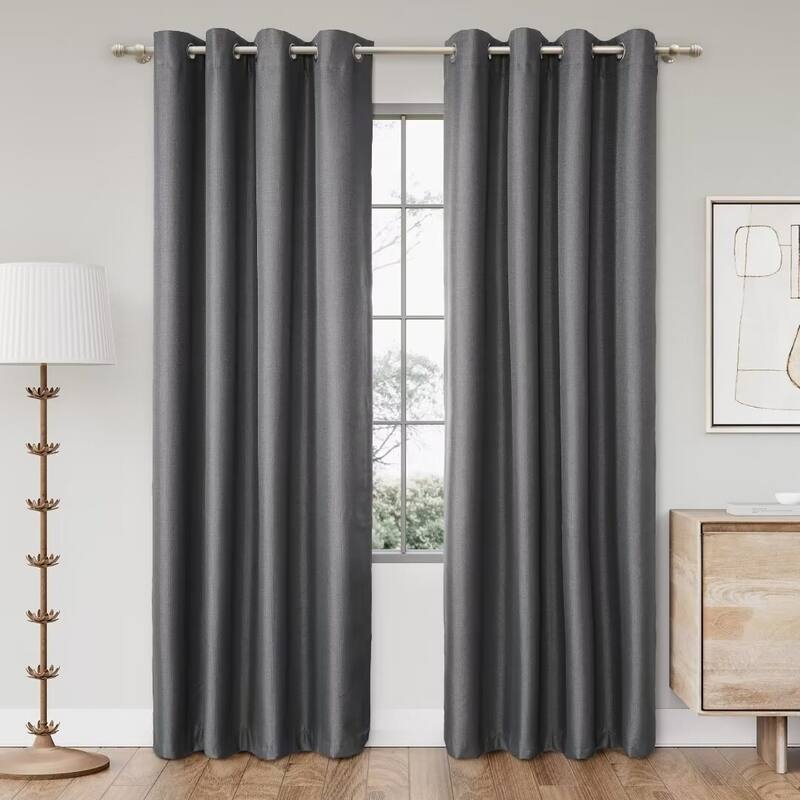 Textured Grid 100% Blackout Grommet Curtain Pair(2 Panels) - 52"Wx96"L - Dark Grey