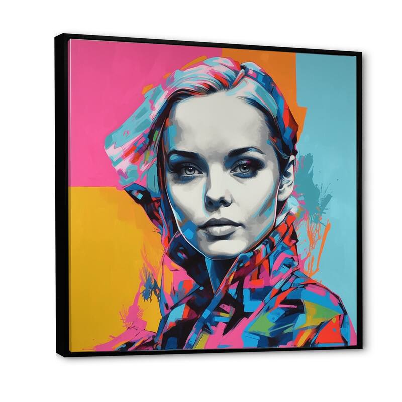Designart "Retro Pop Art Portrait Of Beautiful Young Woman" Woman Pop Art Framed Canvas Wall Art