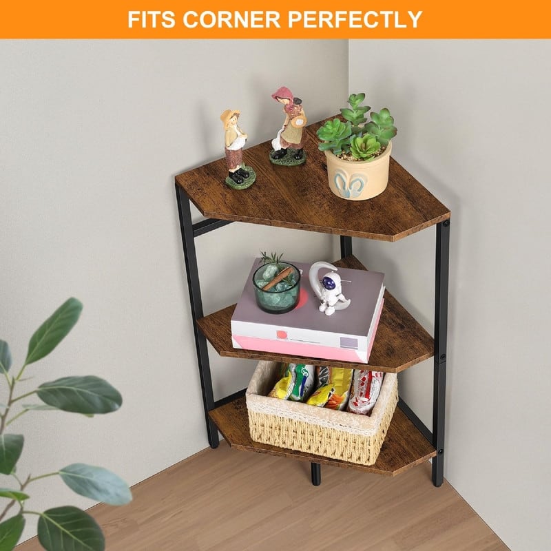 3 Tier Wooden Corner Shelves Standing - 23.62"D x 11.81"W x 24.6"H